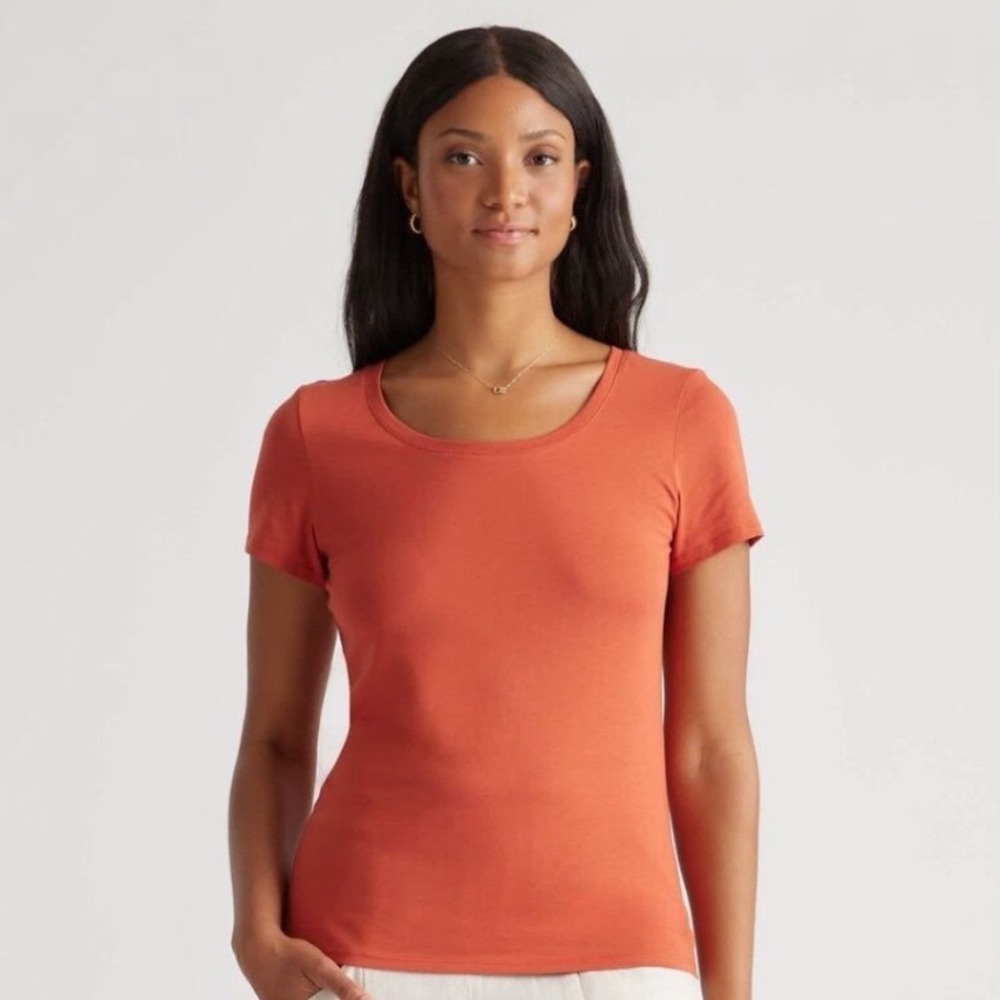 Quince Terracotta Orange Cotton Modal Scoop Neck‎ Short Sleeve Tee Shirt Large
